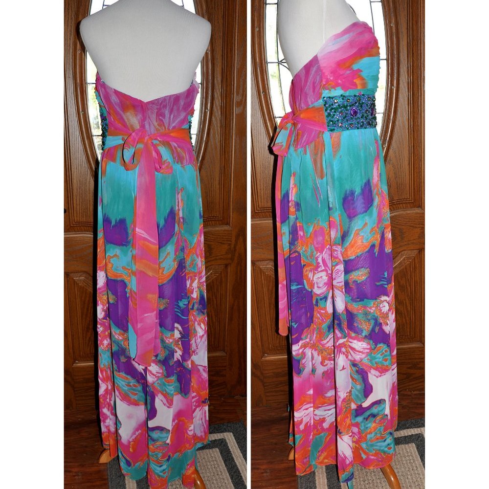 Dresses by Deb Strapless Teal & Rose Washed Fabric Print Beaded Maxi Gown